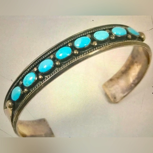 Sterling Cuff with sleeping beauty Turquoise signed marked SS - Picture 4 of 9